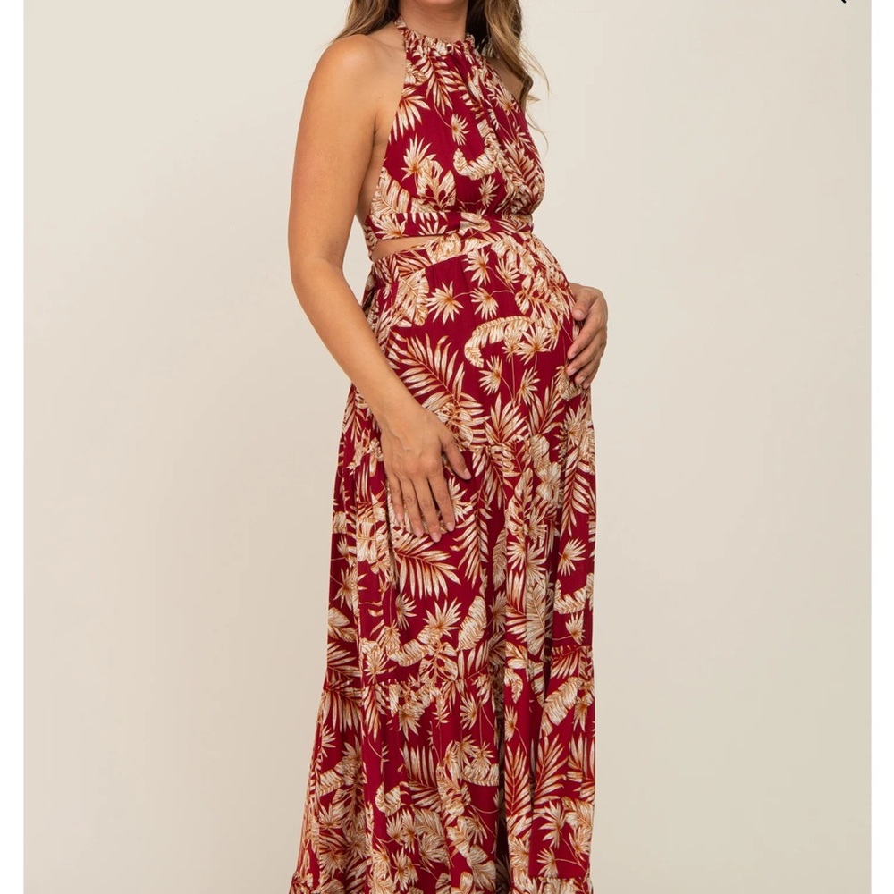 Burgundy Palm Open Back Halter Tiered Maternity Maxi Dress